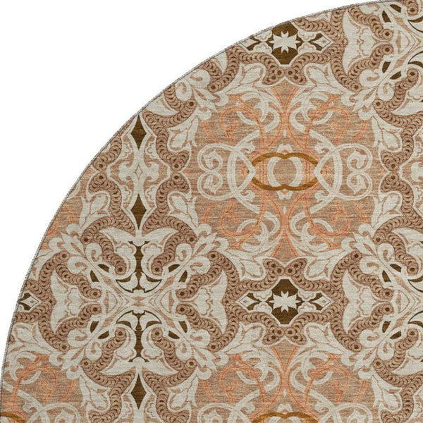 HomeRoots 8' Terra Cotta & Beige Medallion Rug - Washable, Stain-Resistant, UV-Protected for Indoor & Outdoor Use 665119
