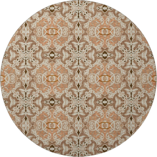 HomeRoots 8' Terra Cotta & Beige Medallion Rug - Washable, Stain-Resistant, UV-Protected for Indoor & Outdoor Use 665119