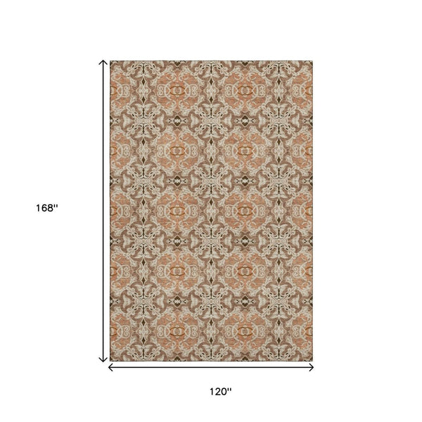 HomeRoots 10' Terra Cotta & Beige Medallion Washable Area Rug - Stain Resistant, UV Protected, Durable Design 665122