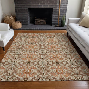 HomeRoots 10' Terra Cotta & Beige Medallion Washable Area Rug - Stain Resistant, UV Protected, Durable Design 665122