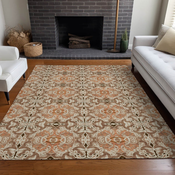 HomeRoots 10' Terra Cotta & Beige Medallion Washable Area Rug - Stain Resistant, UV Protected, Durable Design 665122