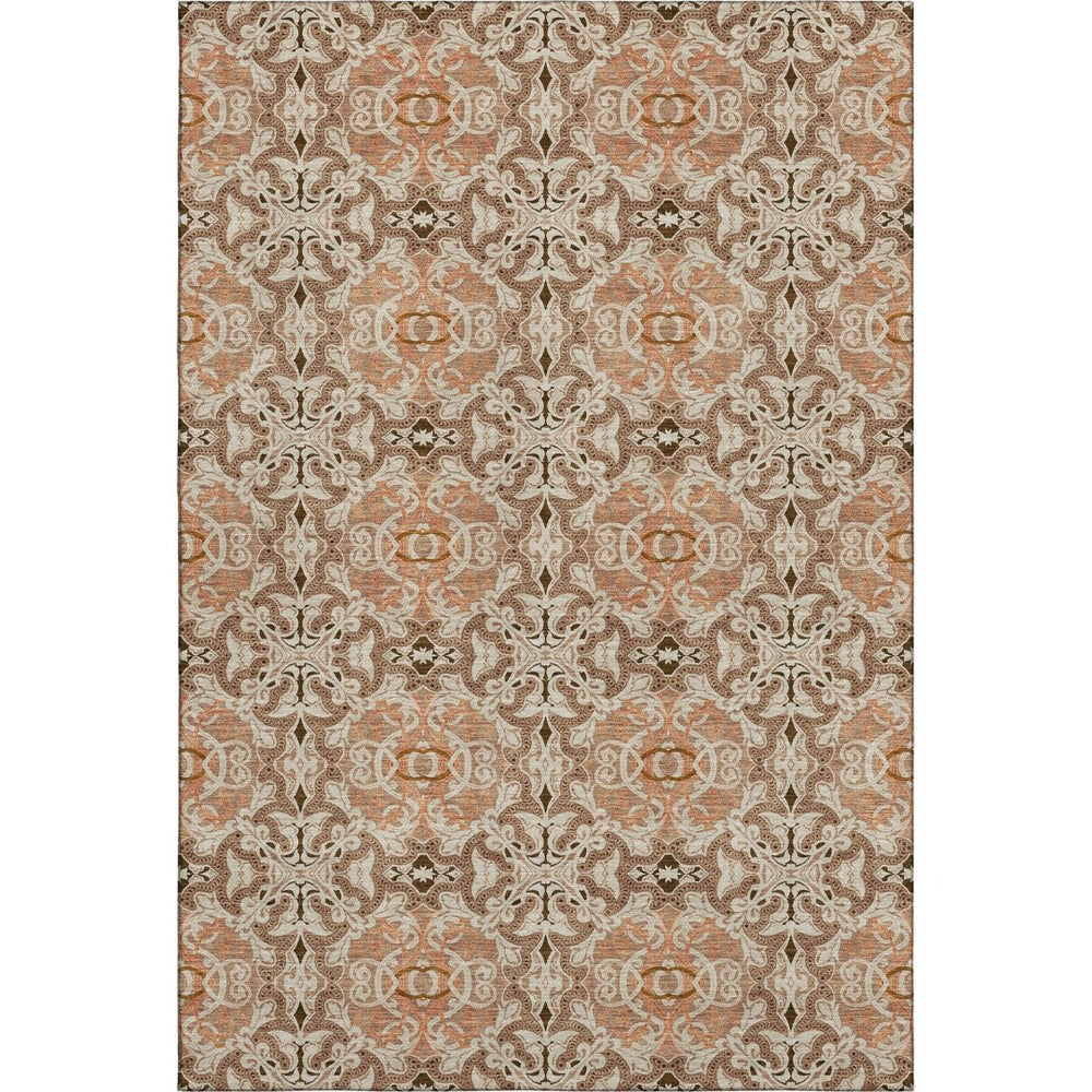HomeRoots 10' Terra Cotta & Beige Medallion Washable Area Rug - Stain Resistant, UV Protected, Durable Design 665122