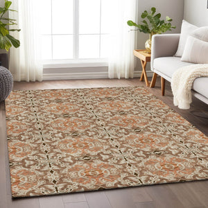 HomeRoots 10' Terra Cotta & Beige Medallion Washable Area Rug - Stain Resistant, UV Protected, Durable Design 665122