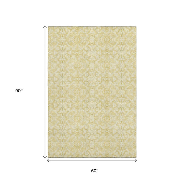 HomeRoots 5' X 8' Gold And Ivory Medallion Area Rug - Washable, UV Protected, Durable & Stylish for Homes 665130