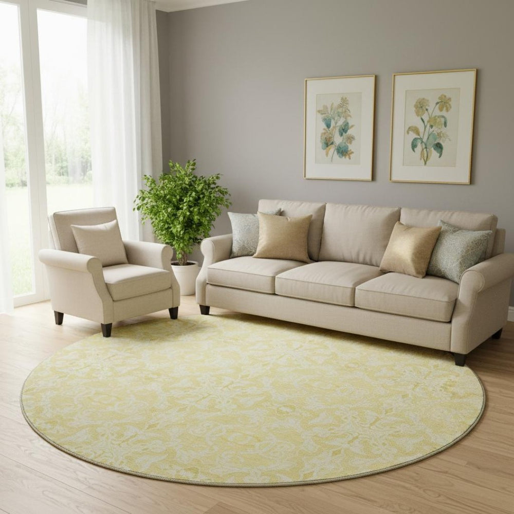 HomeRoots 8' Gold And Ivory Medallion Round Rug - Durable, Washable, UV-Protected for Family-Friendly Homes 665131
