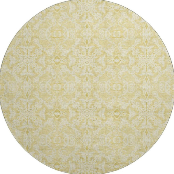 HomeRoots 8' Gold And Ivory Medallion Round Rug - Durable, Washable, UV-Protected for Family-Friendly Homes 665131