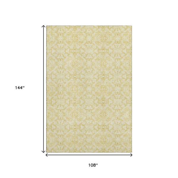 HomeRoots 9' X 12' Gold And Ivory Medallion Area Rug - Washable, Stain-Resistant, UV Protected for Homes 665133