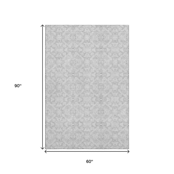 HomeRoots 5' X 8' Silver and Gray Medallion Area Rug - Stain-Resistant, UV Protected, Easy Care for Homes 665166