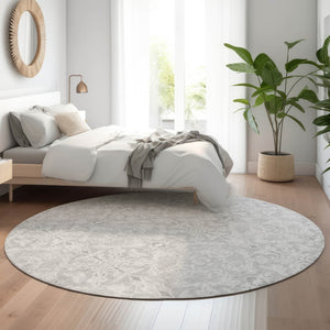 HomeRoots 8' Silver and Gray Medallion Round Rug - Washable, UV-Protected, Durable for High-Traffic Spaces 665167