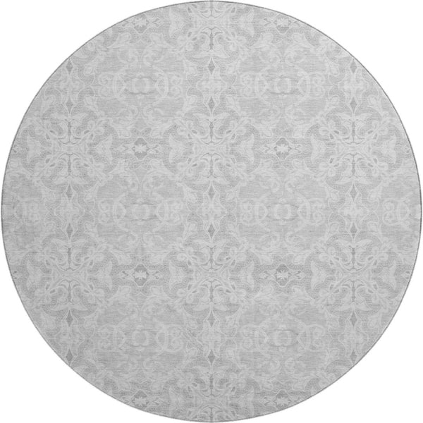 HomeRoots 8' Silver and Gray Medallion Round Rug - Washable, UV-Protected, Durable for High-Traffic Spaces 665167