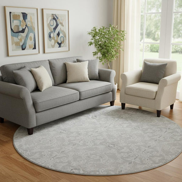 HomeRoots 8' Silver and Gray Medallion Round Rug - Washable, UV-Protected, Durable for High-Traffic Spaces 665167