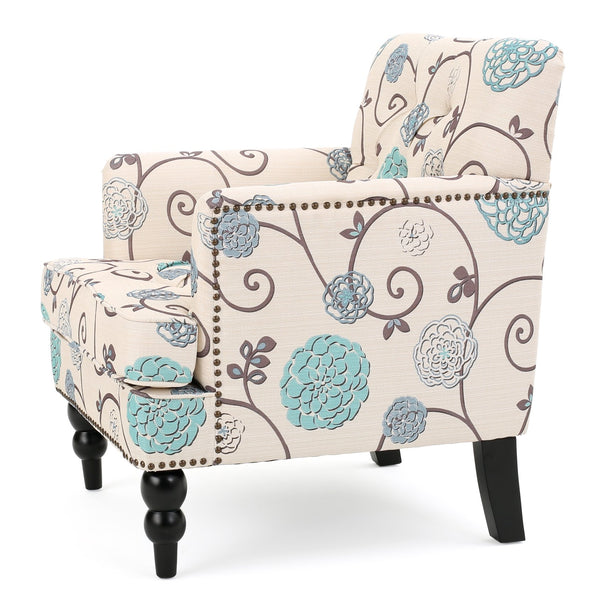 English Elm Christopher Knight Home® - HARRISON Tufted Club Chair with Diamond-Stitched Back, Nailhead Trim and Turned Birch Legs for Comfort and Style White+Blue 53444.00FWBLU