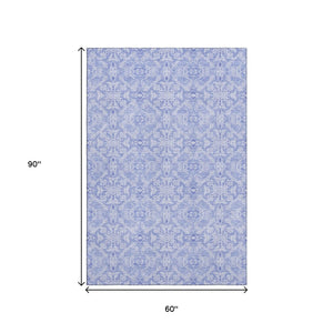 HomeRoots 5' X 8' Sky Blue and Ivory Medallion Area Rug - Machine Washable with UV Protection for Daily Use 665172