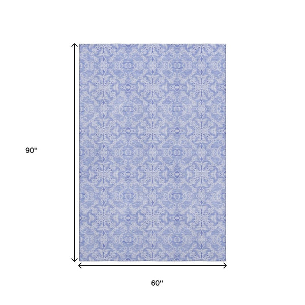 HomeRoots 5' X 8' Sky Blue and Ivory Medallion Area Rug - Machine Washable with UV Protection for Daily Use 665172