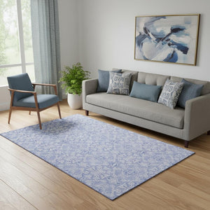 HomeRoots 5' X 8' Sky Blue and Ivory Medallion Area Rug - Machine Washable with UV Protection for Daily Use 665172