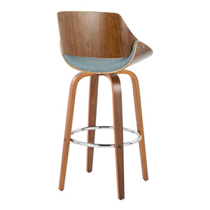 English Elm 30" Mid-century Swivel Barstools Walnut Bentwood Frame Blue Upholstered Seat Set of 2 B202S00563