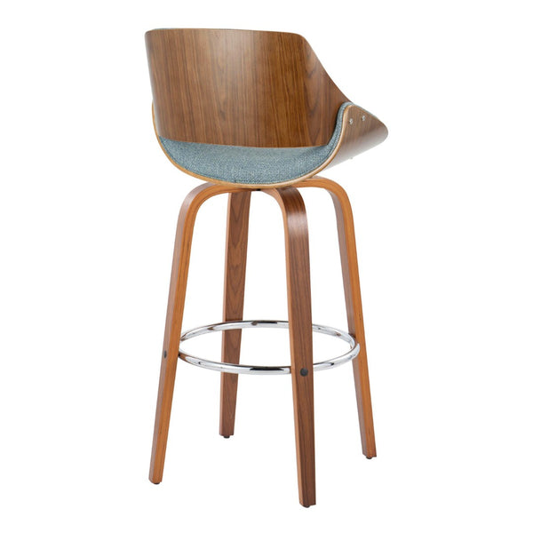 English Elm 30" Mid-century Swivel Barstools Walnut Bentwood Frame Blue Upholstered Seat Set of 2 B202S00563
