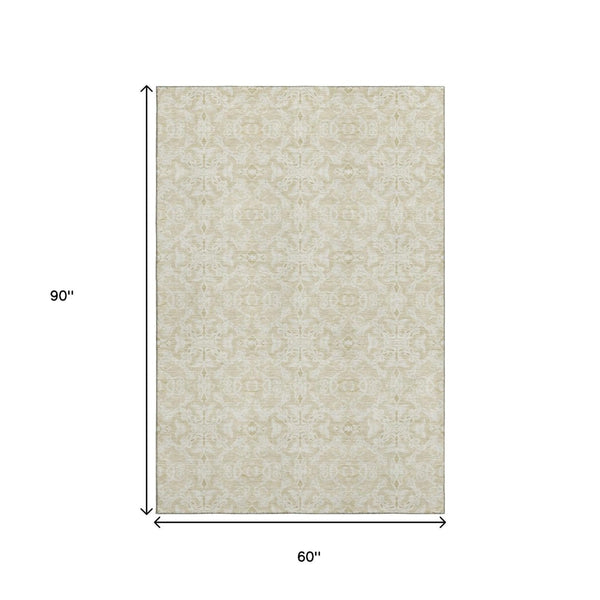 HomeRoots 5' X 8' Tan And Beige Medallion Area Rug - Washable, UV Protected, Stylish & Durable for Any Room! 665178