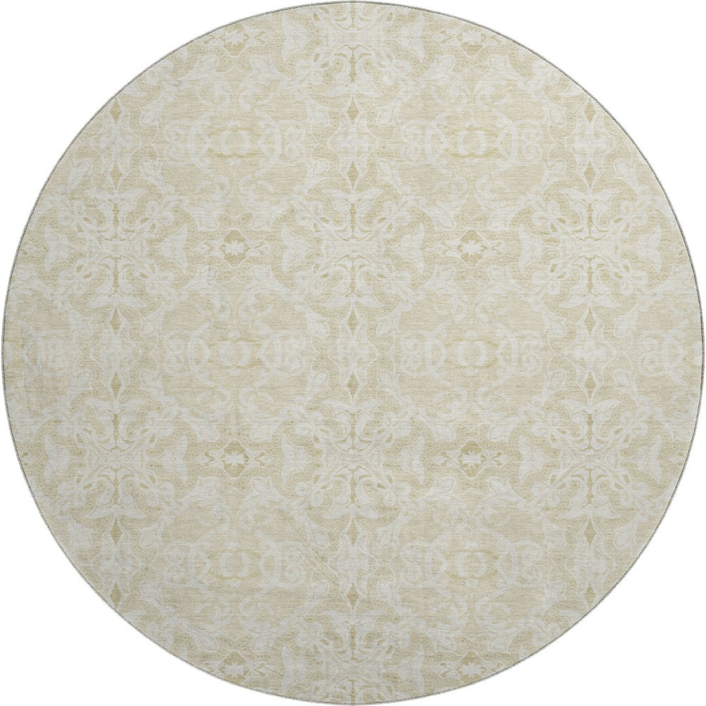 HomeRoots 8' Tan and Beige Medallion Round Rug - Washable, Stain Resistant, UV Protected for Any Space 665179
