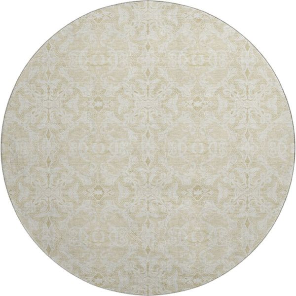 HomeRoots 8' Tan and Beige Medallion Round Rug - Washable, Stain Resistant, UV Protected for Any Space 665179