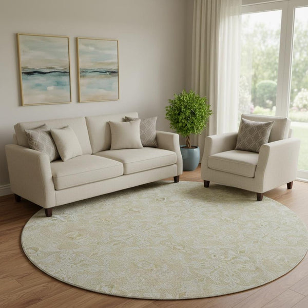 HomeRoots 8' Tan and Beige Medallion Round Rug - Washable, Stain Resistant, UV Protected for Any Space 665179