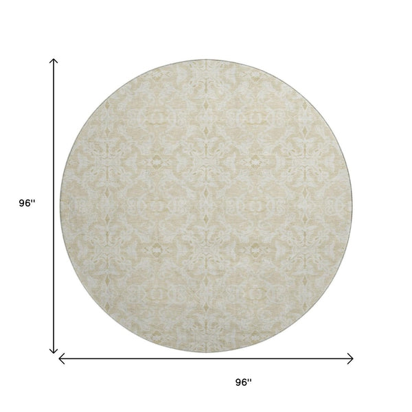 HomeRoots 8' Tan and Beige Medallion Round Rug - Washable, Stain Resistant, UV Protected for Any Space 665179