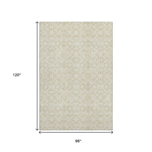 HomeRoots 8' X 10' Tan and Beige Medallion Washable Area Rug - Durable, Stain-Resistant, UV Protected Design 665180