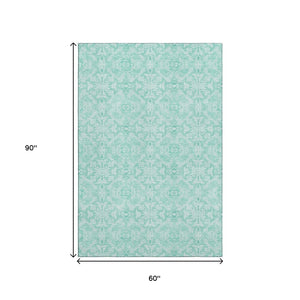 HomeRoots 5' X 8' Vibrant Turquoise and Teal Medallion Area Rug – Washable, UV Protected, Pet & Kid Friendly! 665184