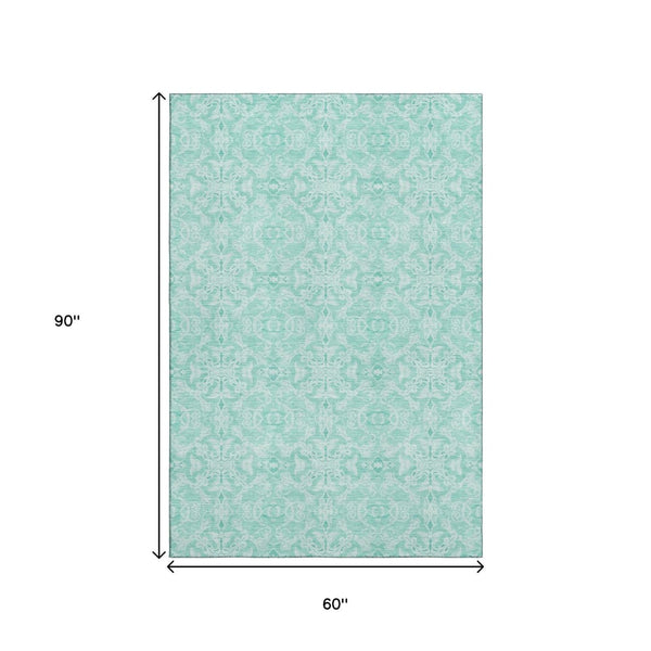 HomeRoots 5' X 8' Vibrant Turquoise and Teal Medallion Area Rug – Washable, UV Protected, Pet & Kid Friendly! 665184