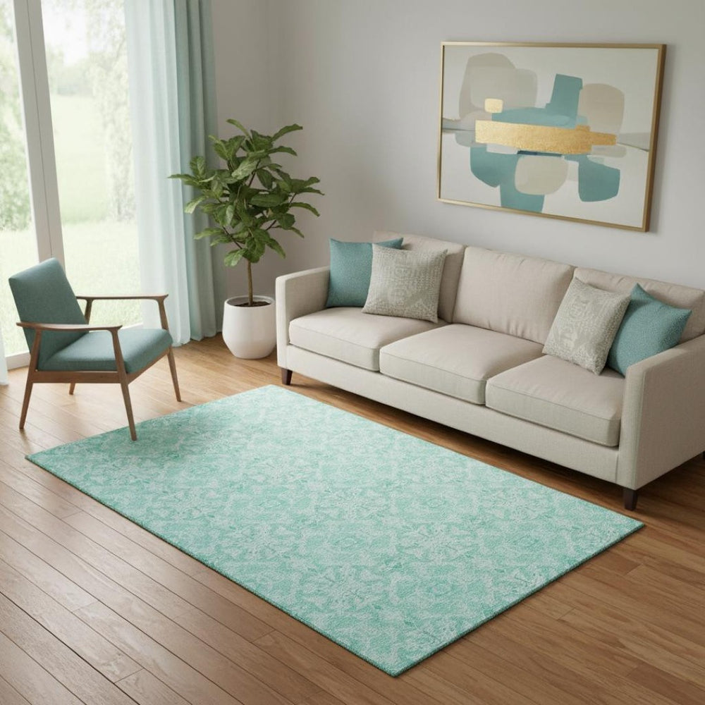 HomeRoots 5' X 8' Vibrant Turquoise and Teal Medallion Area Rug – Washable, UV Protected, Pet & Kid Friendly! 665184