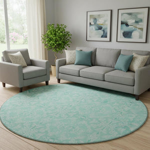 HomeRoots 8' Turquoise and Teal Medallion Round Rug – Washable, UV-Protected, Stain-Resistant for Busy Homes! 665185