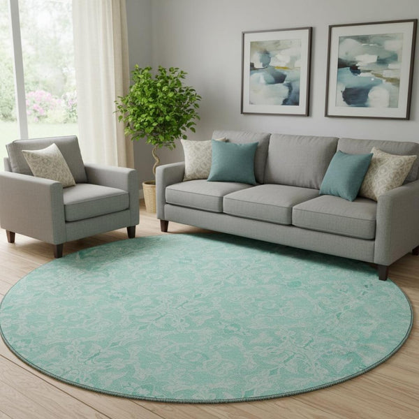 HomeRoots 8' Turquoise and Teal Medallion Round Rug – Washable, UV-Protected, Stain-Resistant for Busy Homes! 665185