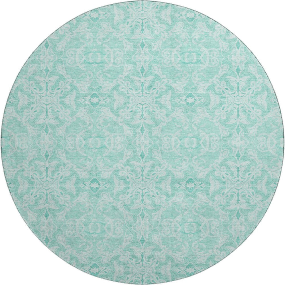 HomeRoots 8' Turquoise and Teal Medallion Round Rug – Washable, UV-Protected, Stain-Resistant for Busy Homes! 665185