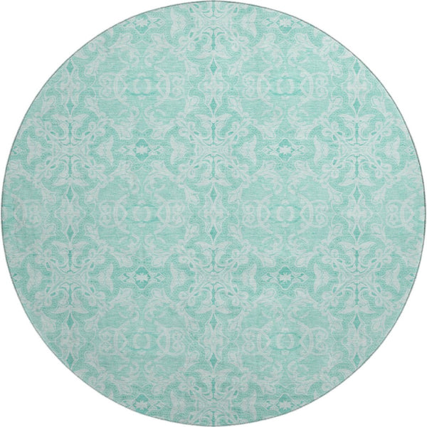 HomeRoots 8' Turquoise and Teal Medallion Round Rug – Washable, UV-Protected, Stain-Resistant for Busy Homes! 665185