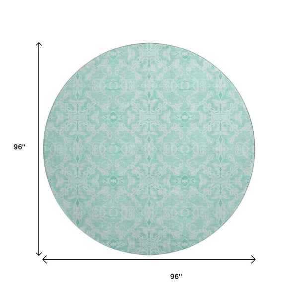 HomeRoots 8' Turquoise and Teal Medallion Round Rug – Washable, UV-Protected, Stain-Resistant for Busy Homes! 665185