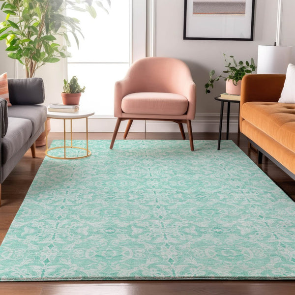 HomeRoots 8' X 10' Vibrant Turquoise & Teal Medallion Area Rug - Washable, UV Protected, Stain Resistant Design 665186