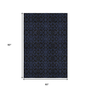 HomeRoots 5' X 8' Blue & Charcoal Medallion Washable Area Rug – Durable, UV-Protected, Family-Friendly Design! 665190