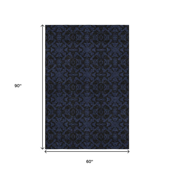 HomeRoots 5' X 8' Blue & Charcoal Medallion Washable Area Rug – Durable, UV-Protected, Family-Friendly Design! 665190