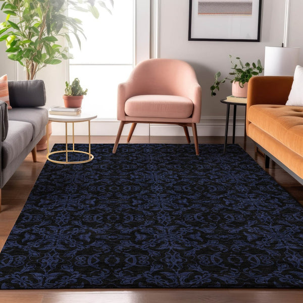 HomeRoots 5' X 8' Blue & Charcoal Medallion Washable Area Rug – Durable, UV-Protected, Family-Friendly Design! 665190