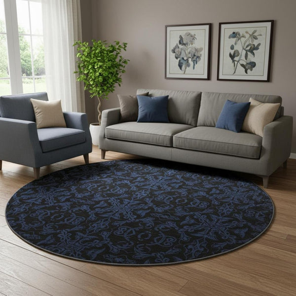 HomeRoots 8' Blue and Charcoal Medallion Washable Round Rug - Durable, Stylish, UV-Protected for High Traffic Areas 665191
