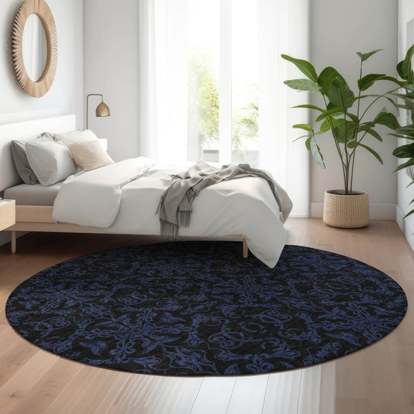 HomeRoots 8' Blue and Charcoal Medallion Washable Round Rug - Durable, Stylish, UV-Protected for High Traffic Areas 665191