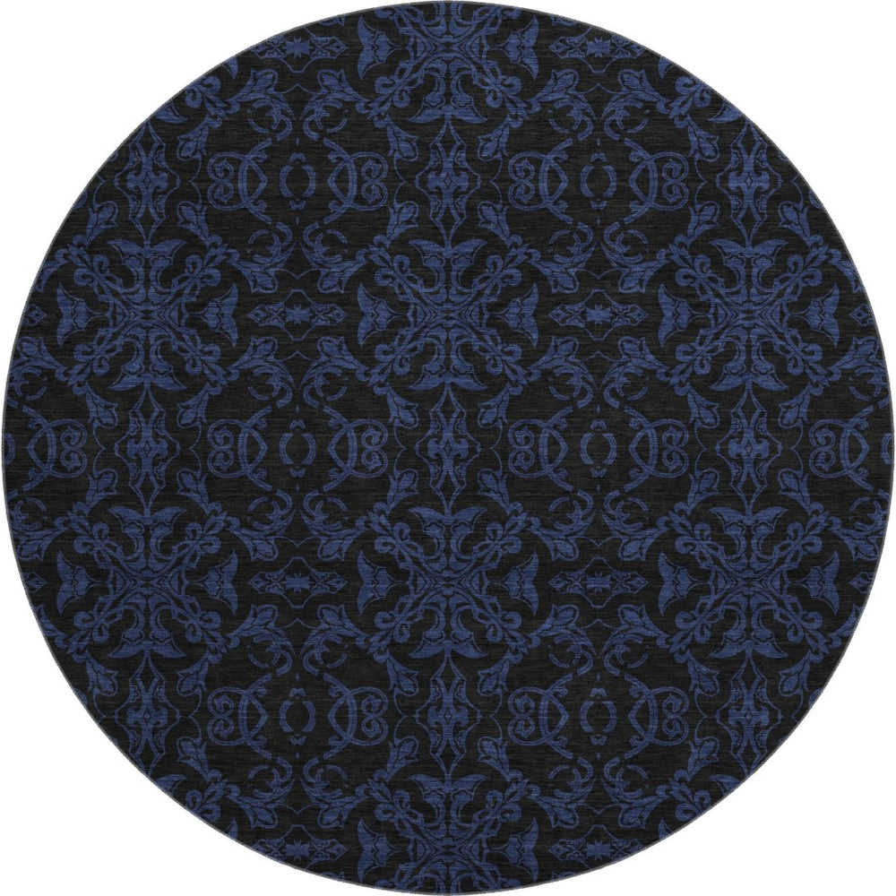 HomeRoots 8' Blue and Charcoal Medallion Washable Round Rug - Durable, Stylish, UV-Protected for High Traffic Areas 665191