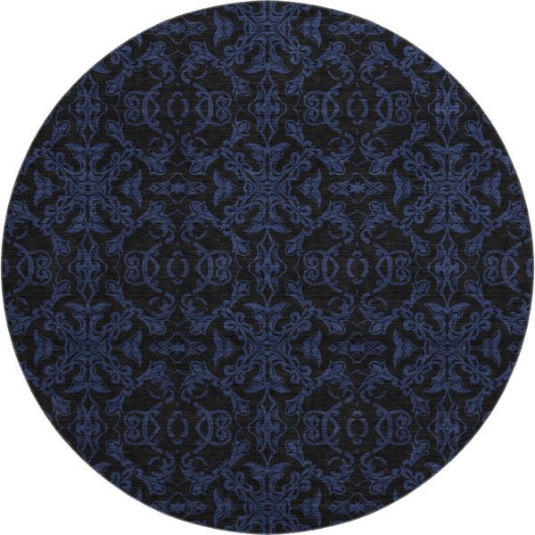 HomeRoots 8' Blue and Charcoal Medallion Washable Round Rug - Durable, Stylish, UV-Protected for High Traffic Areas 665191