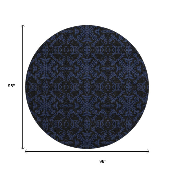 HomeRoots 8' Blue and Charcoal Medallion Washable Round Rug - Durable, Stylish, UV-Protected for High Traffic Areas 665191