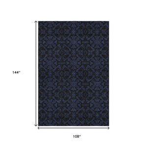 HomeRoots 9' X 12' Blue & Charcoal Medallion Area Rug - Washable, UV Protected, Stain Resistant for High Traffic 665193
