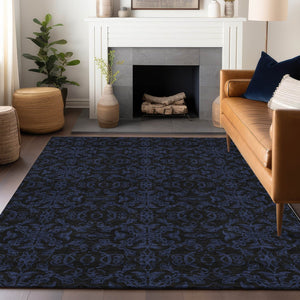 HomeRoots 9' X 12' Blue & Charcoal Medallion Area Rug - Washable, UV Protected, Stain Resistant for High Traffic 665193