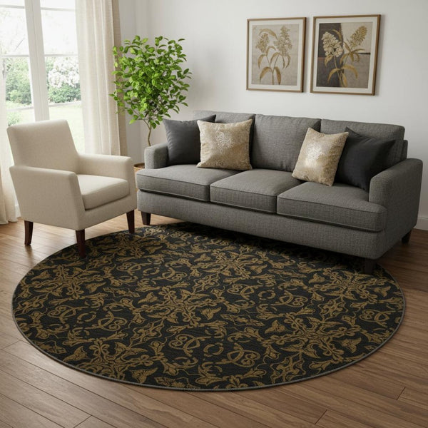 HomeRoots 8' Brown and Charcoal Medallion Round Rug - Washable, UV-Protected, Durable for Any Space! 665197