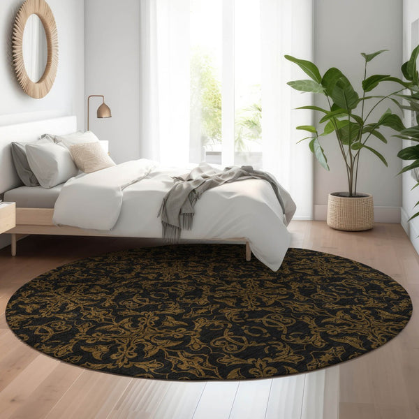 HomeRoots 8' Brown and Charcoal Medallion Round Rug - Washable, UV-Protected, Durable for Any Space! 665197
