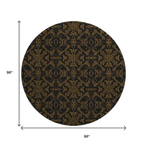 HomeRoots 8' Brown and Charcoal Medallion Round Rug - Washable, UV-Protected, Durable for Any Space! 665197