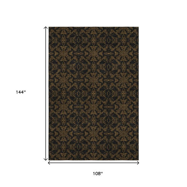HomeRoots 9' X 12' Washable Brown & Charcoal Medallion Area Rug with UV Protection for Homes with Kids & Pets 665199